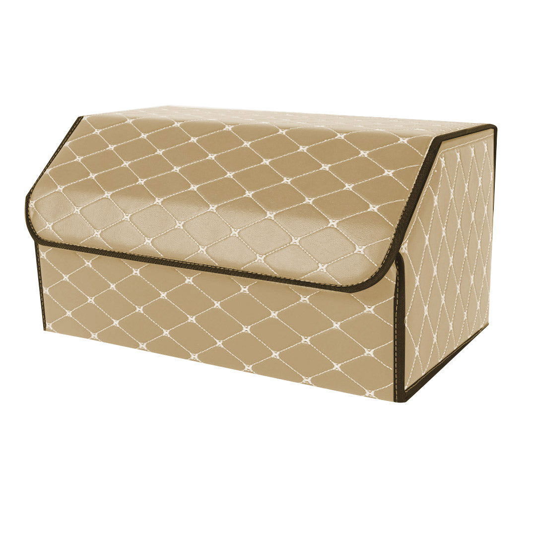 NNEAGS Leather Car Boot Collapsible Foldable Trunk Cargo Organizer Portable Storage Box Beige/Gold Stitch Large-0