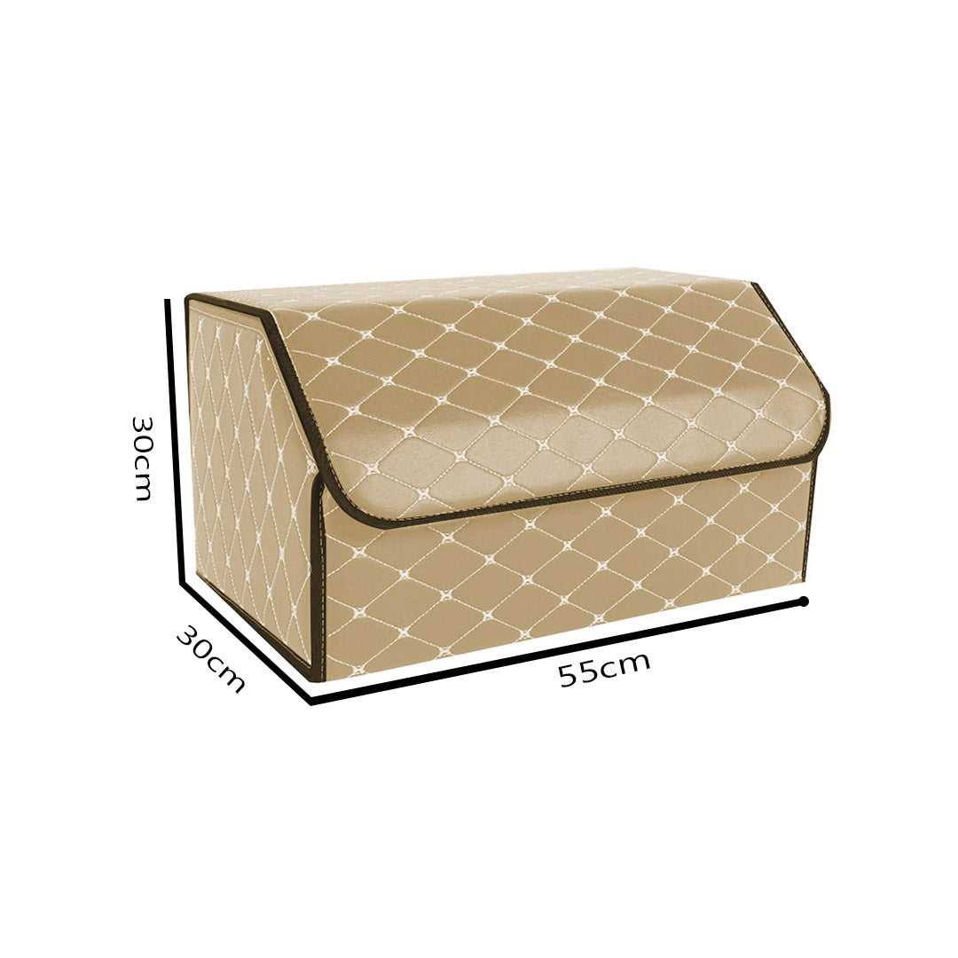 NNEAGS Leather Car Boot Collapsible Foldable Trunk Cargo Organizer Portable Storage Box Beige/Gold Stitch Large-1