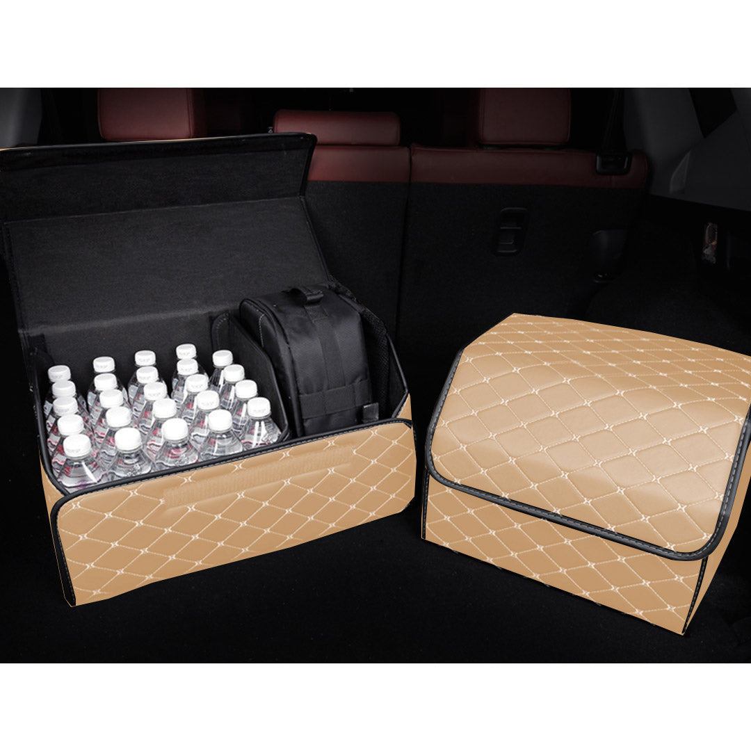 NNEAGS Leather Car Boot Collapsible Foldable Trunk Cargo Organizer Portable Storage Box Beige/Gold Stitch Large-3