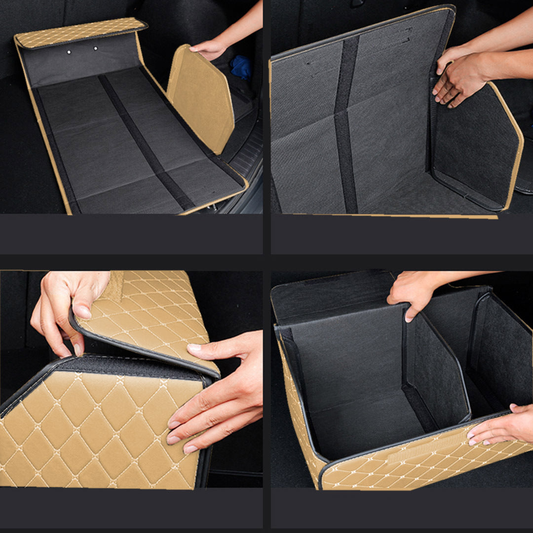 NNEAGS Leather Car Boot Collapsible Foldable Trunk Cargo Organizer Portable Storage Box Beige/Gold Stitch Large-4