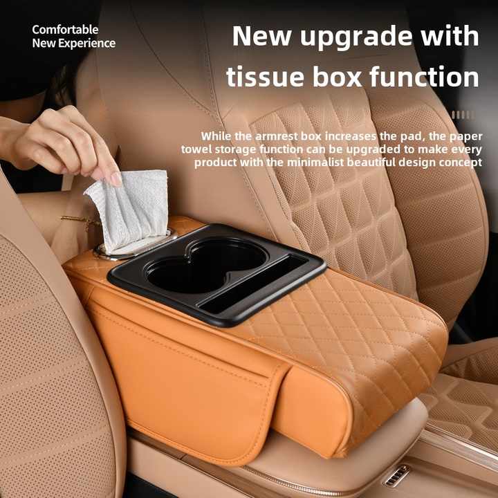 NNEDSZ GT-6 No embroidery Coffee ,Multifunctional Car Armrest Storage Box Cushion - Universal Fit with Cup Holder and Tissue Dispenser-2