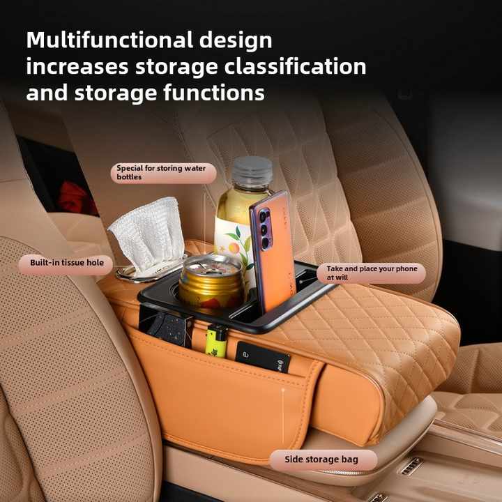 NNEDSZ GT-6 No embroidery Coffee ,Multifunctional Car Armrest Storage Box Cushion - Universal Fit with Cup Holder and Tissue Dispenser-4