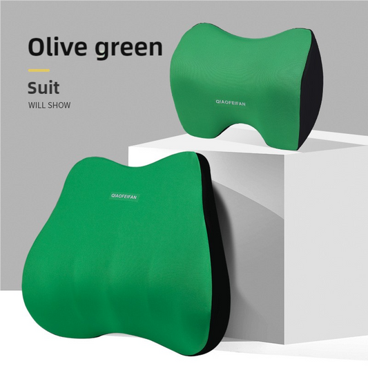 NNEDSZ Green Memory Foam Car Seat Neck and Lumbar Support Set - Ergonomic Cushion for Office, Home, and Driving-0